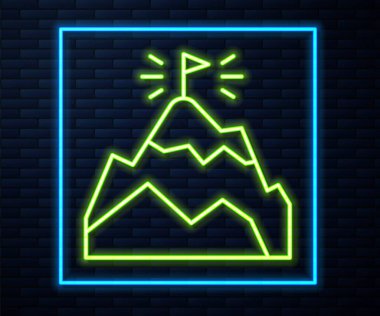 Parlayan neon hattı dağları, tuğla duvar arka planında izole edilmiş bayrak ikonunun üstünde. Zaferin ya da başarının sembolü. Gol başarısı. Vektör.