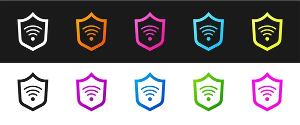 Set Shield Mit Wifi Wireless Internet Network Symbol Symbol Isoliert — Stockvektor