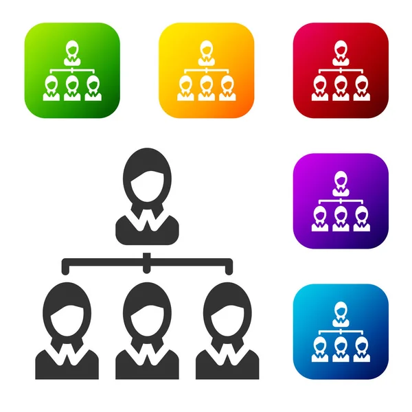 黑色商业层次结构结构图在白色背景上孤立的信息图形图标 企业组织结构图形要素 在彩色正方形按钮中设置图标 — 图库矢量图片