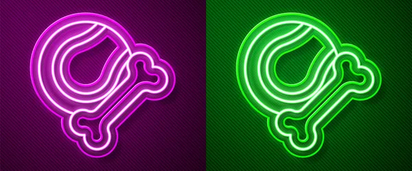 Parlayan neon hattı evcil oyuncaklar, mor ve yeşil arka planda izole edilmiş kemik kauçuğu ve top ikonu. Vektör.