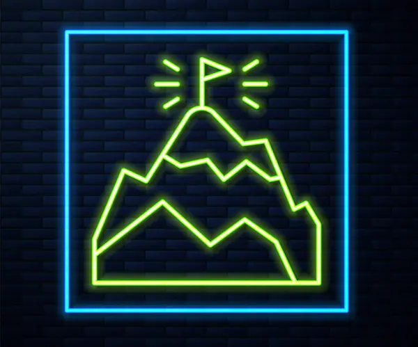 Glowing Neon Line Mountains Flag Top Icon Isolated Brick Wall — Stock Vector