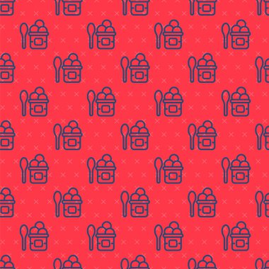 Mavi çizgi dondurma kasede ve kaşık ikonu kırmızı arka planda izole edilmiş. Güzel sembol. Vektör.