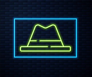 Duvarda izole edilmiş şerit ikonlu parlak neon şapkalı adam. Vektör.