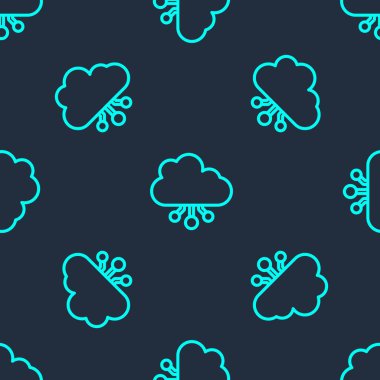 Yeşil çizgi kripto para birimi bulut maden ikonu mavi arka planda izole edilmiş pürüzsüz desen. Engelleme teknolojisi, bitcoin, dijital para piyasası, kripto para cüzdanı. Vektör.