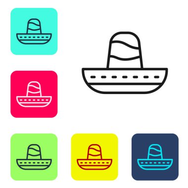 Siyah çizgi Geleneksel Meksika sombrero şapka ikonu beyaz arka planda izole edildi. Renkli kare düğmelerle simgeleri ayarla. Vektör.