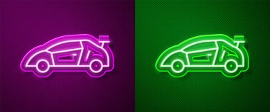 Parlayan neon hattı spor yarış arabası ikonu, mor ve yeşil arka planda izole edilmiş. Vektör.