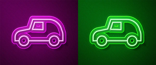 Светящийся Неоновая Линия Игрушечный Автомобиль Значок Изолирован Фиолетовом Зеленом Фоне — стоковый вектор