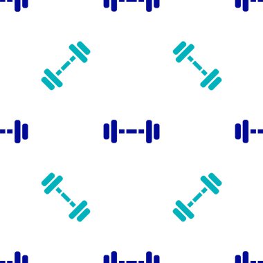 Mavi Dumbbell simgesi beyaz arkaplanda izole edilmiş kusursuz desen. Kas kaldırma ikonu, fitness halteri, spor aletleri, egzersiz yaban domuzu. Vektör İllüstrasyonu.