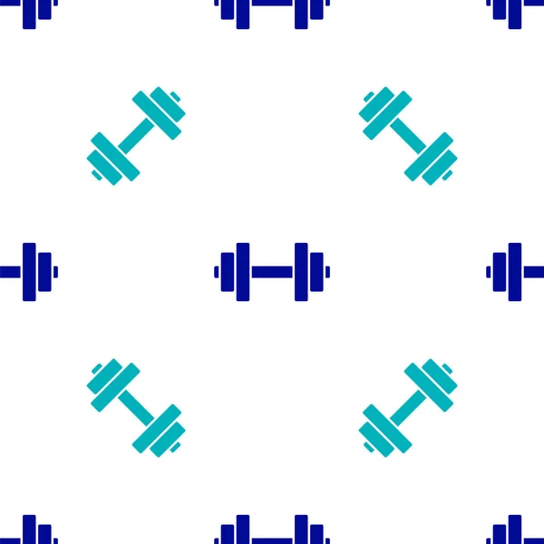 蓝色的哑铃图标在白色背景上隔离了无缝图案 肌肉举重图标 健身杠铃 运动器械 运动杠铃 病媒图解 — 图库矢量图片