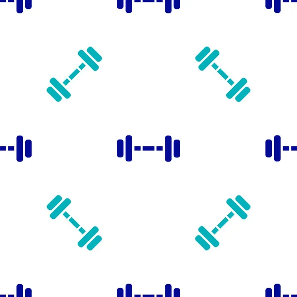 青のダンベルアイコンは 白の背景にシームレスなパターンを隔離しました 筋肉のリフティングアイコン フィットネスバー スポーツ用品 運動のバンベル ベクターイラスト — ストックベクタ