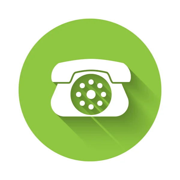 白色电话图标与很长的阴影隔离 固定电话 绿色圆环按钮 病媒图解 — 图库矢量图片