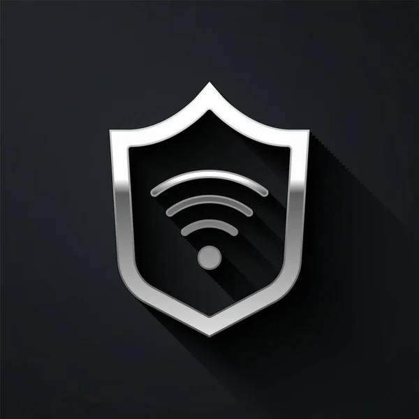 Silver Shield Med Wifi Trådlöst Internet Symbol Ikon Isolerad Svart — Stock vektor