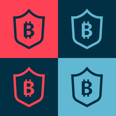 Bitcoin simgesine sahip Pop Art Shield renk arkaplanında izole edilmiş. Kripto para madenciliği, engelleme teknolojisi, güvenlik, koruma, dijital para. Vektör.
