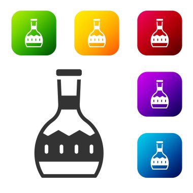 Beyaz arka planda siyah tekila şişesi ikonu var. Meksika alkolü. Renkli kare düğmelerle simgeleri ayarla. Vektör.