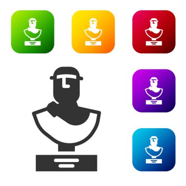 Siyah Kadim büst heykel simgesi beyaz arkaplanda izole edilmiş. Renkli kare düğmelerle simgeleri ayarla. Vektör.