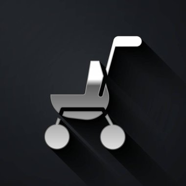Silver Baby bebek arabası simgesi siyah arkaplanda izole edildi. Bebek arabası, at arabası, bebek arabası, bebek arabası, tekerlek. Uzun gölge tarzı. Vektör.