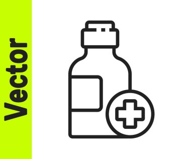 Siyah çizgi, beyaz arka planda izole edilmiş ilaç şurubu ikonu. Vektör İllüstrasyonu.