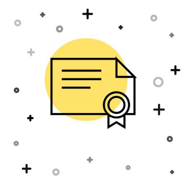 Beyaz arkaplanda siyah çizgi sertifika şablon simgesi izole edildi. Başarı, ödül, diploma, burs, diploma kavramları. Rastgele dinamik şekiller. Vektör İllüstrasyonu.