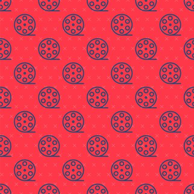 Mavi çizgi film makarası ikonu kırmızı arkaplanda izole edilmiş kusursuz desen. Vektör İllüstrasyonu.