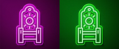 Parlayan neon hattı Ortaçağ taht simgesi, mor ve yeşil arka planda izole edilmiş. Vektör.