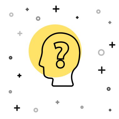 Beyaz arka planda soru işareti simgesi olan siyah çizgi insan kafası. Rastgele dinamik şekiller. Vektör.