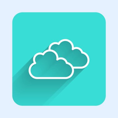 Beyaz çizgi Bulut simgesi uzun gölgeli izole edilmiş. Yeşil kare düğmesi. Vektör.