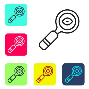 Beyaz arka planda siyah çizgi büyüteç simgesi izole edildi. Arama, odaklanma, yakınlaştırma, iş sembolü. Renkli kare düğmelerle simgeleri ayarla. Vektör.