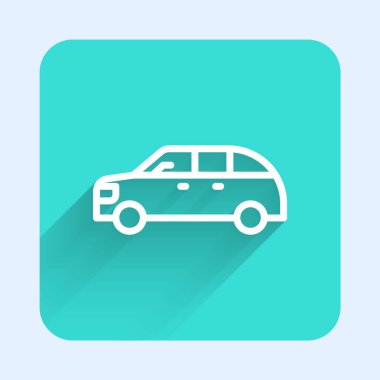 Beyaz çizgi Hatchback araba ikonu uzun gölgeli izole edilmiş. Yeşil kare düğmesi. Vektör.