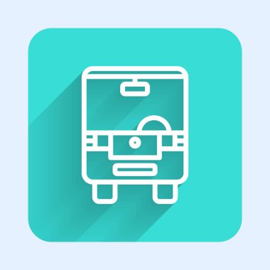 Beyaz çizgi otobüs simgesi uzun gölgeli izole edildi. Ulaşım konsepti. Otobüs turu tabelası. Turizm ya da kamu aracı sembolü. Yeşil kare düğmesi. Vektör.