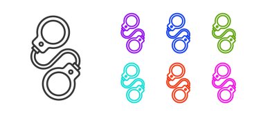 Beyaz arka planda siyah çizgi kelepçe ikonu izole edildi. Simgeleri renklendirin. Vektör.