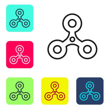 Beyaz arkaplanda siyah çizgi Fidget döndürme simgesi izole edildi. Stres giderici oyuncak. Moda bir el çevirme makinesi. Renkli kare düğmelerle simgeleri ayarla. Vektör.
