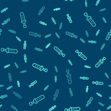 Yeşil çizgi Ortaçağ kılıç ikonu mavi arkaplandaki kusursuz deseni izole etti. Ortaçağ silahı. Vektör.