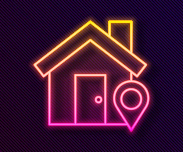 Leuchtender Neonfarbener Kartenzeiger Mit Haussymbol Auf Schwarzem Hintergrund Markierungssymbol Für — Stockvektor