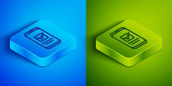 Isometric Line Smartphone Mobile Phone Icon Isolated Blue Green Background — Stock Vector