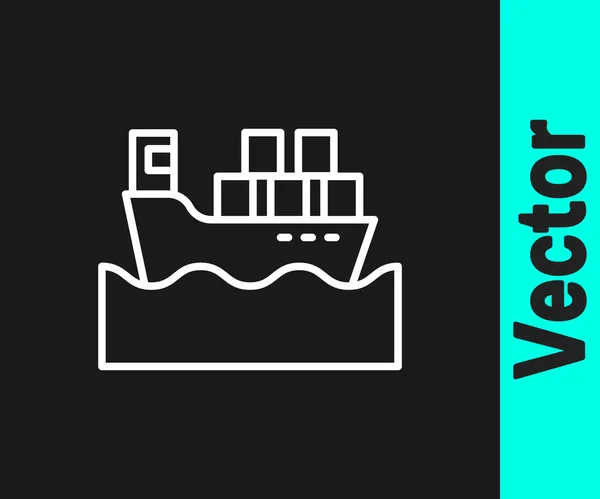 White line Cargo ship with boxes delivery service icon isolated on black background. Delivery, transportation. Freighter with parcels, boxes, goods.  Vector.