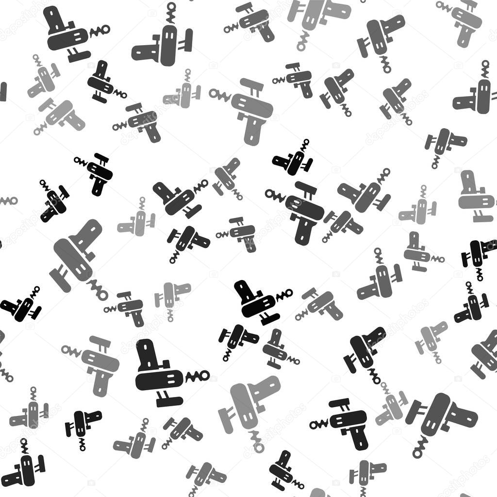 Black Ray gun icon isolated seamless pattern on white background. Laser weapon. Space blaster.  Vector.