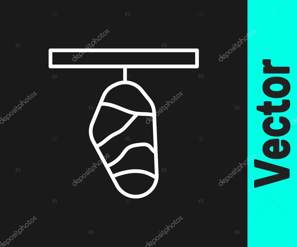 White line Butterfly cocoon icon isolated on black background. Pupa of the butterfly.  Vector.