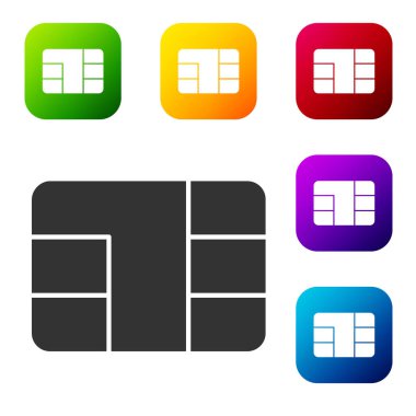 Beyaz arkaplanda çip simgesi olan siyah kredi kartı. Temassız ödeme. Renkli kare düğmelerle simgeleri ayarla. Vektör İllüstrasyonu.