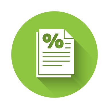 Beyaz Finans belgesi simgesi uzun gölgede izole edildi. Fatura ya da fatura konsepti için kağıt banka belgesi. Yeşil daire düğmesi. Vektör İllüstrasyonu.