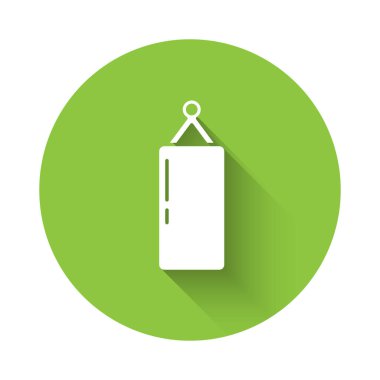 Beyaz Kum Torbası simgesi uzun gölgeli izole edilmiş. Yeşil daire düğmesi. Vektör.