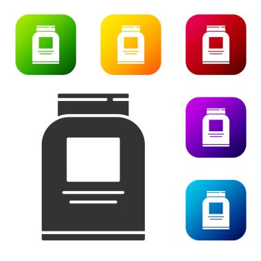 Siyah Spor, vücut geliştirme, protein enerji içeceği ve beyaz arka planda izole edilmiş yiyecek ikonu. Renkli kare düğmelerle simgeleri ayarla. Vektör.