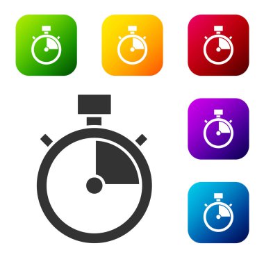 Siyah Kronometre simgesi beyaz arkaplanda izole edildi. Zaman göstergesi. Kronometre işareti. Renkli kare düğmelerle simgeleri ayarla. Vektör.