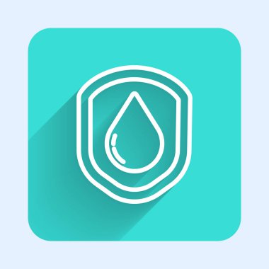 Su geçirmez beyaz çizgi ikonu uzun gölgeli izole edilmiş. Suya dayanıklı ya da sıvı koruma konsepti. Yeşil kare düğmesi. Vektör İllüstrasyonu.