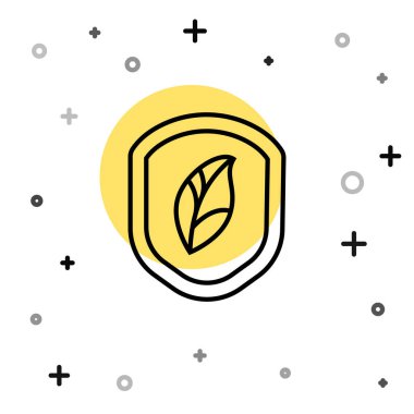 Beyaz arkaplanda yaprak simgesi olan siyah çizgi kalkanı. Yapraklı çevre dostu güvenlik kalkanı. Rastgele dinamik şekiller. Vektör İllüstrasyonu.