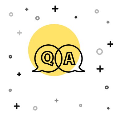 Beyaz zemin üzerinde Soru ve Yanıt simgesi olan siyah çizgi konuşma baloncukları. Q ve A sembolü. SSS işareti. Konuşma balonu ve çizelgesi. Rastgele dinamik şekiller. Vektör İllüstrasyonu.