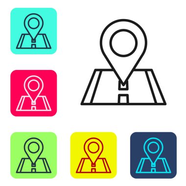 Siyah çizgi harita pin simgesi beyaz arkaplanda izole edildi. Navigasyon, işaret, konum, harita, GPS, yön, yer, pusula, arama konsepti. Renkli kare düğmelerle simgeleri ayarla. Vektör İllüstrasyonu.
