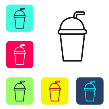 Siyah çizgi kağıt bardak, beyaz arka planda izole edilmiş saman ve su ikonu içeriyor. Soda bardağı. Taze soğuk içecek sembolü. Renkli kare düğmelerle simgeleri ayarla. Vektör İllüstrasyonu.