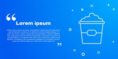 Mavi arka planda izole edilmiş karton kutu simgesinde beyaz çizgi patlamış mısır. Patlamış mısır kutusu. Vektör İllüstrasyonu.