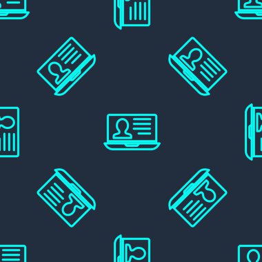 Özgeçmiş simgesine sahip yeşil çizgi dizüstü bilgisayarı mavi arkaplanda izole edilmiş pürüzsüz desen. Özgeçmiş başvurusu. Profesyonel personel aranıyor. Personel analizi devam ediyor. Vektör.