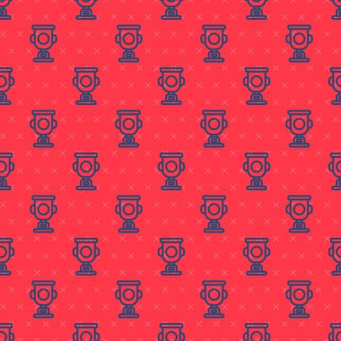 Mavi çizgi ödüllü kupa ikonu kırmızı arkaplanda kusursuz desen izole etti. Galibiyet ödülü sembolü. Şampiyonluk ya da yarışma kupası. Spor başarısı işareti. Vektör.